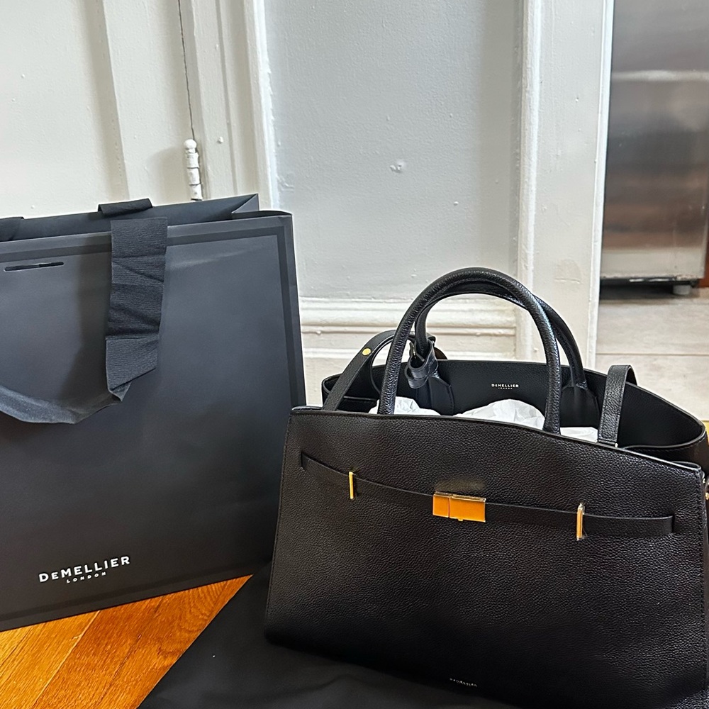 AUTHENTIC full size DeMellier Black Leather Top-Handle Tote with Gold Accents